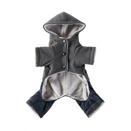Corduroy Pet Four-legged Hooded Fleece Lined Coat (Option: Light Gray Feet With Denim-M)